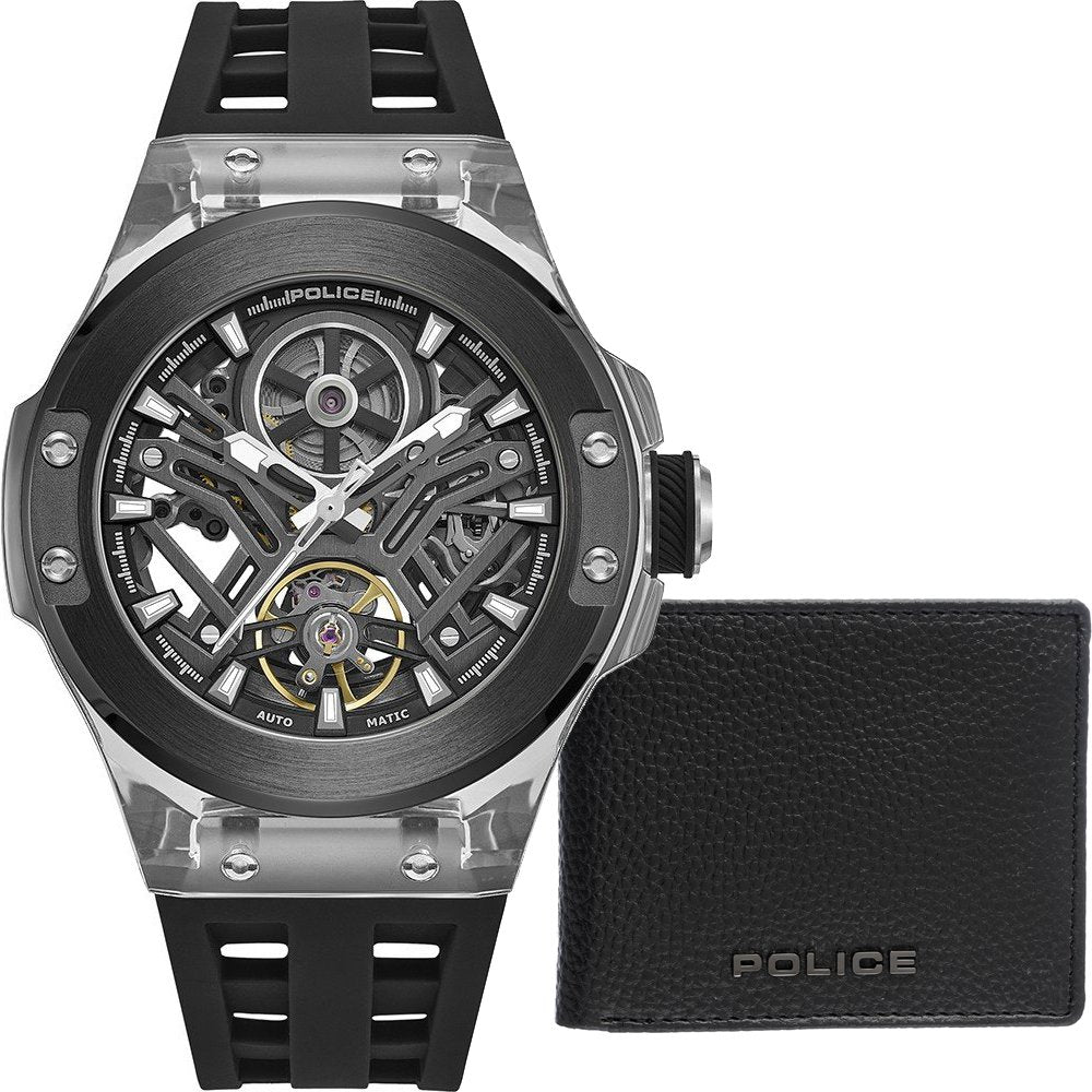 Police Cyclone PEWGR0082203-SET Herrenuhr Schwarz • Skelett-Automatikwerk • Mineralglas