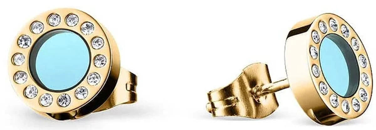 Pendientes dorados redondos con piedra azul claro y borde de pedrería brillante, par