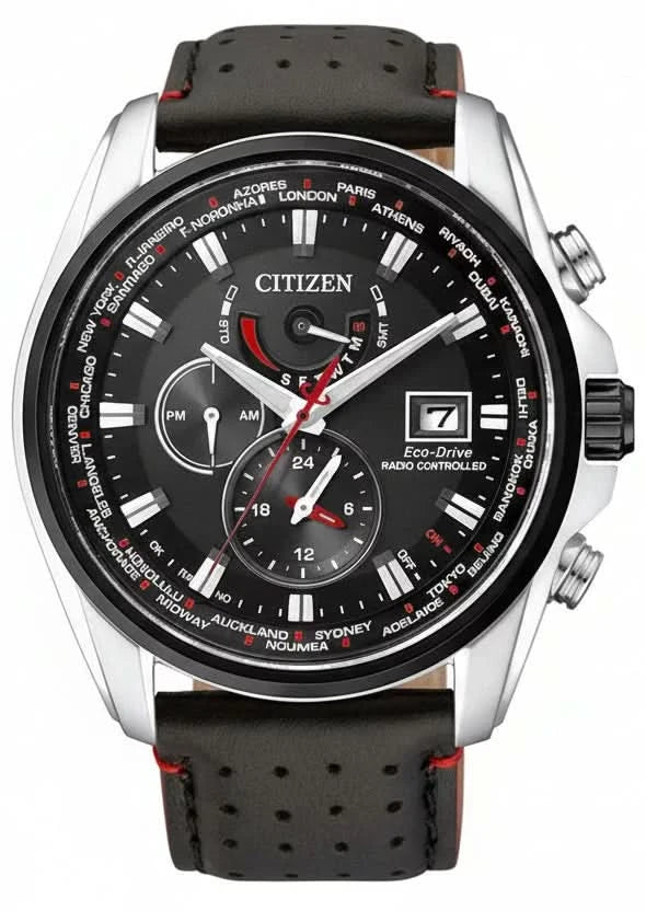 Reloj Citizen para hombre con esfera negra, manecillas luminosas y correa de cuero negra