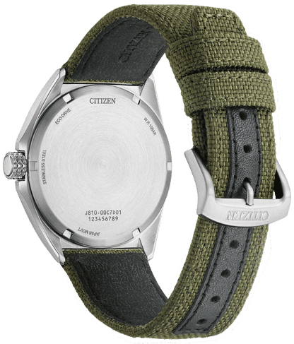 Pulsera de hombre con correa textil verde, reverso y base de cuero