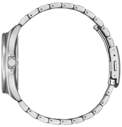 Pulsera de hombre, vista lateral con caja de acero inoxidable y brazalete de eslabones