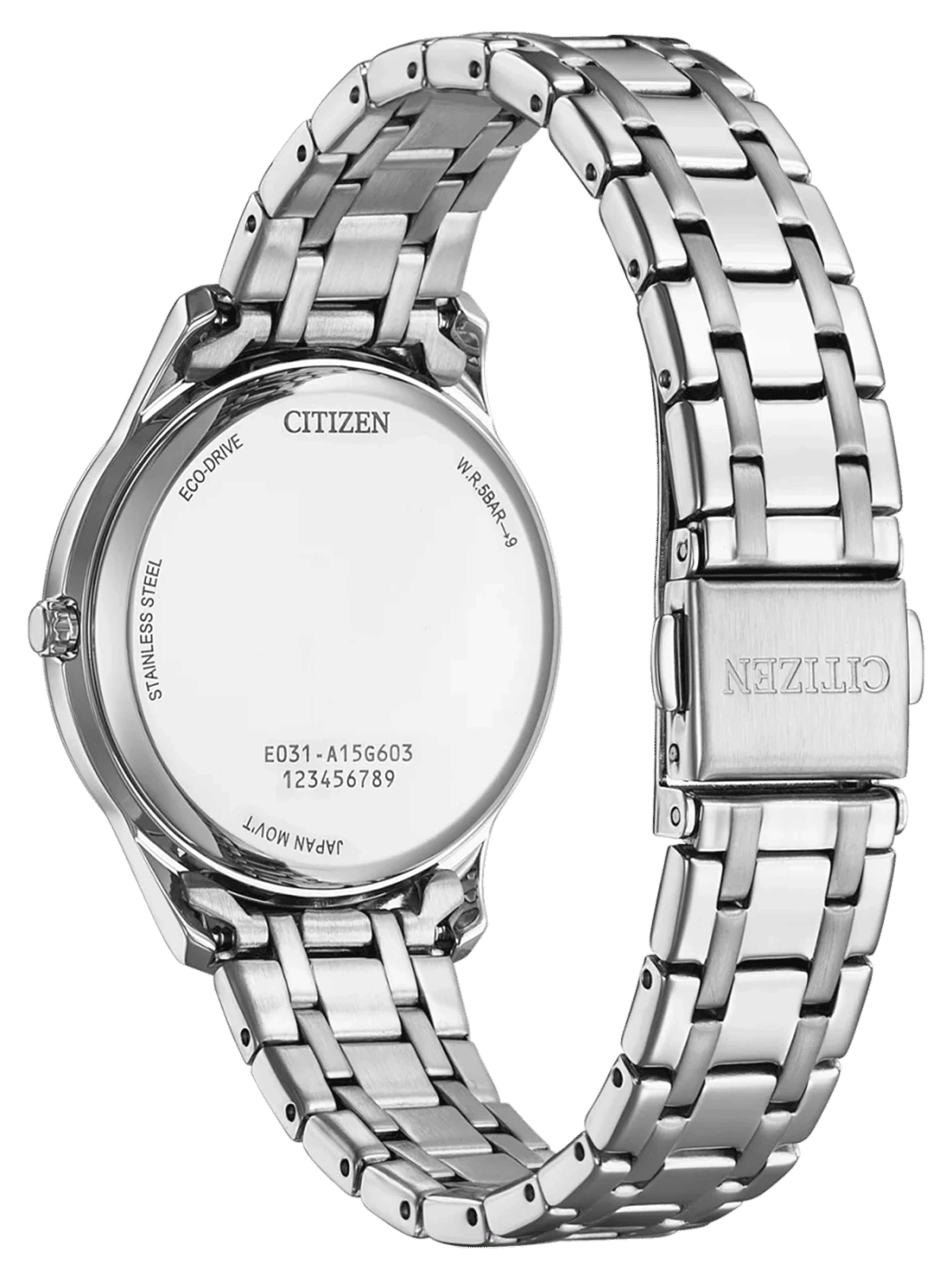 "Reloj de mujer visto desde atrás con caja de acero inoxidable plateado y correa de acero inoxidable, grabado"