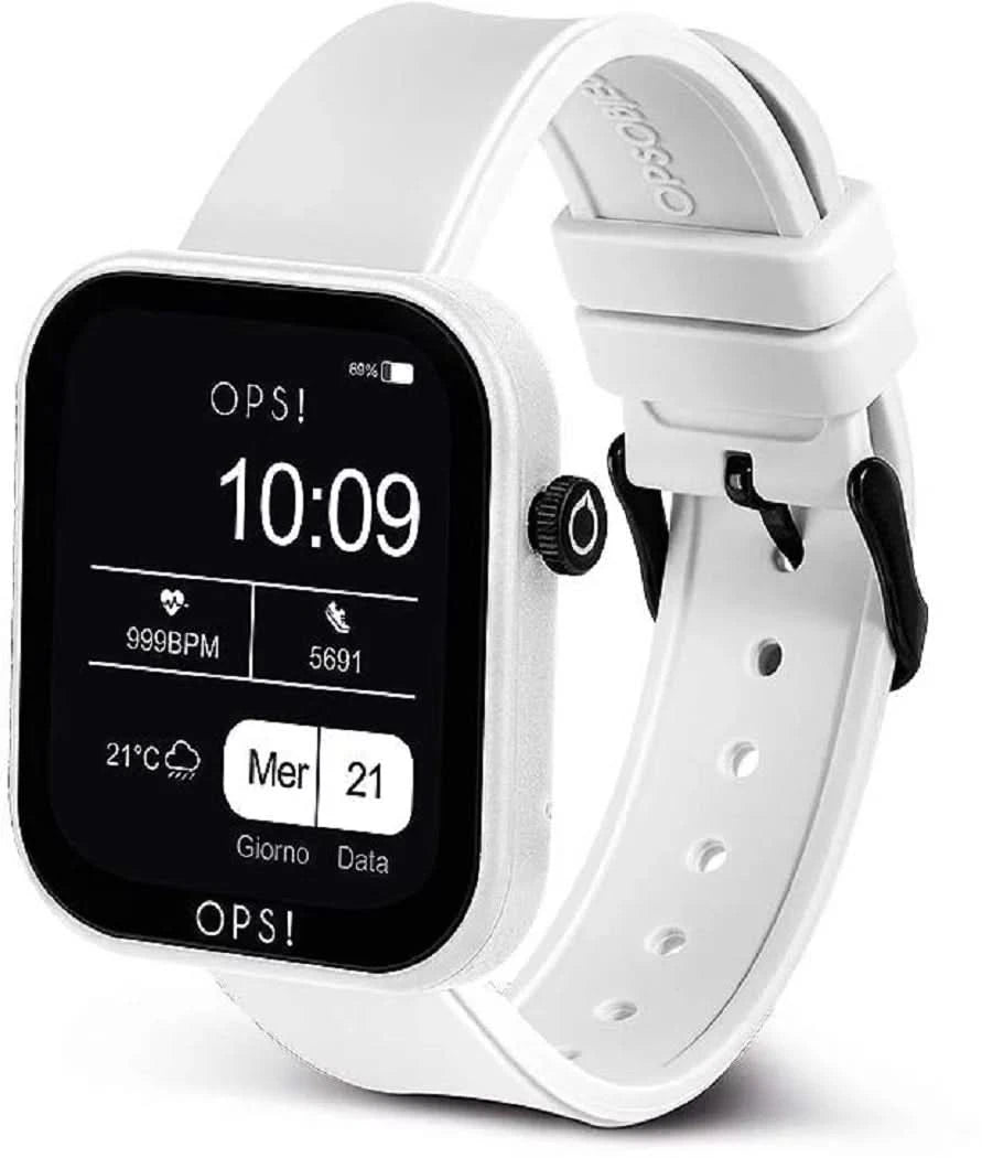 OPS! Smartwatch, vista lateral con correa de silicona blanca y botón redondo
