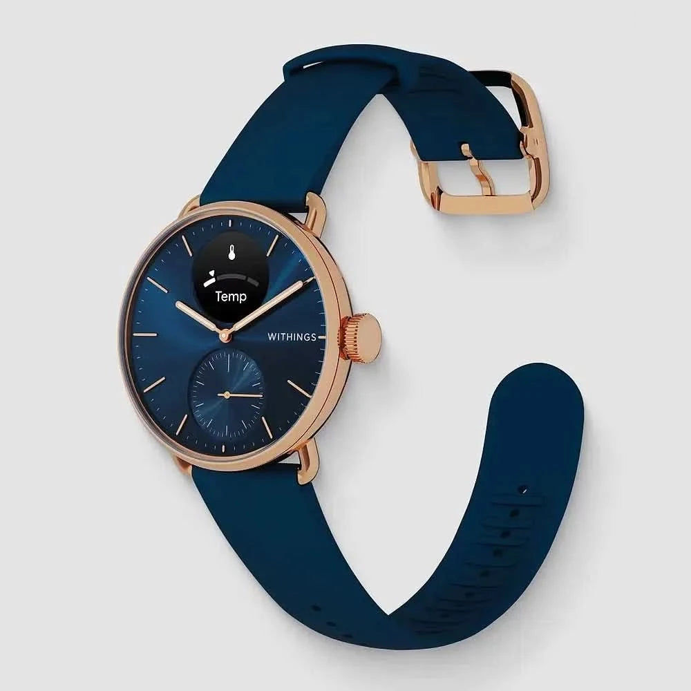 Smartwatch híbrida: esfera azul, caja de oro rosa, correa de silicona azul oscuro