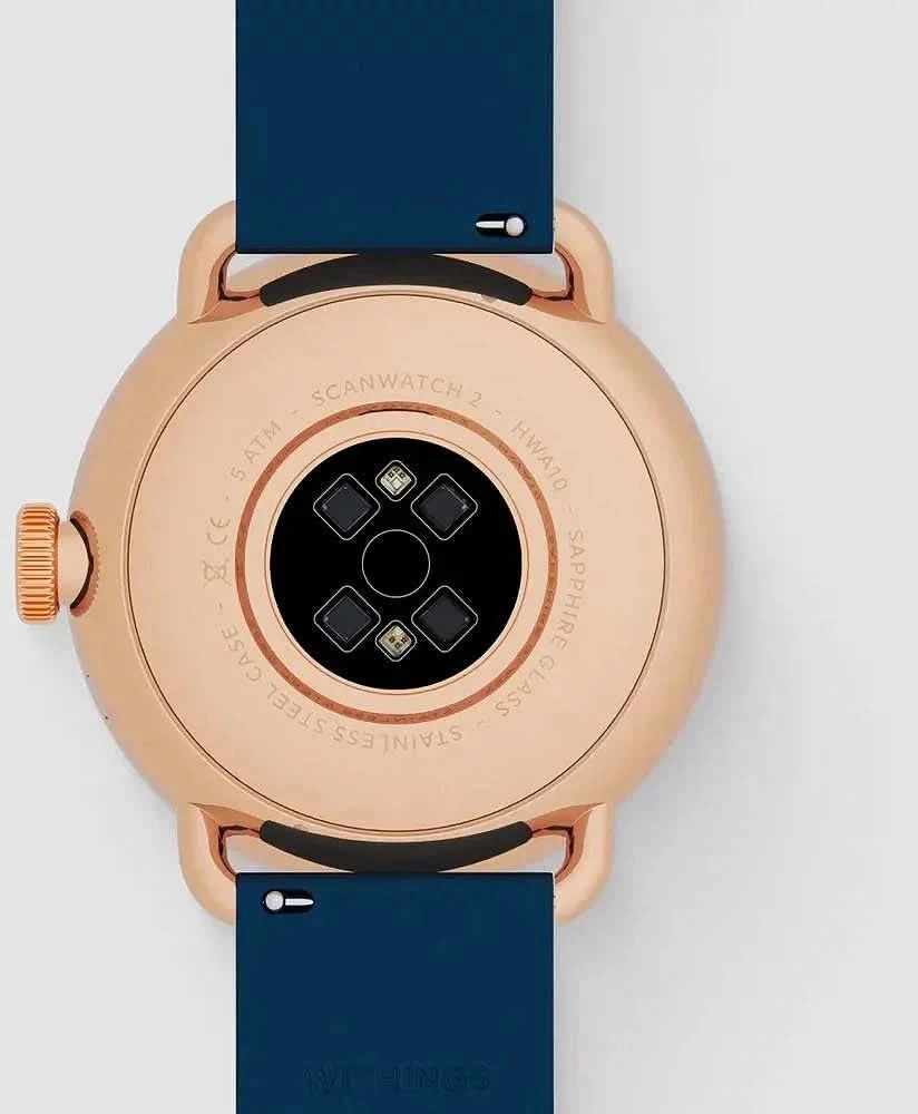 Fondo de smartwatch híbrido con panel de sensor, caja de oro rosa, correa de silicona azul oscuro