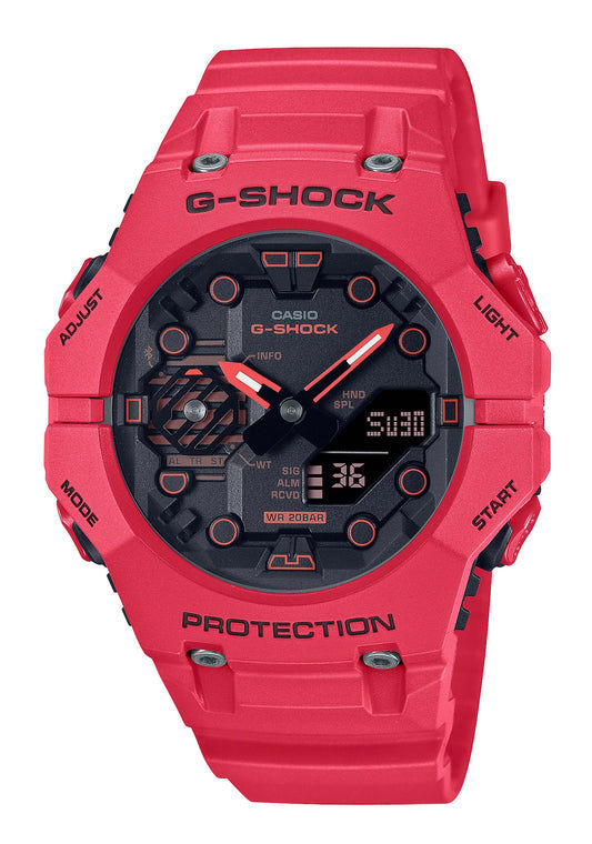 Casio G-SHOCK Herren-Armbanduhr mit rotem Kunststoffband und rundem Digital-Display