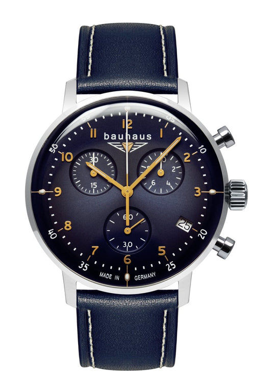 Herrenarmbanduhr mit blauem Zifferblatt, Lederarmband und Chronograph-Subdials