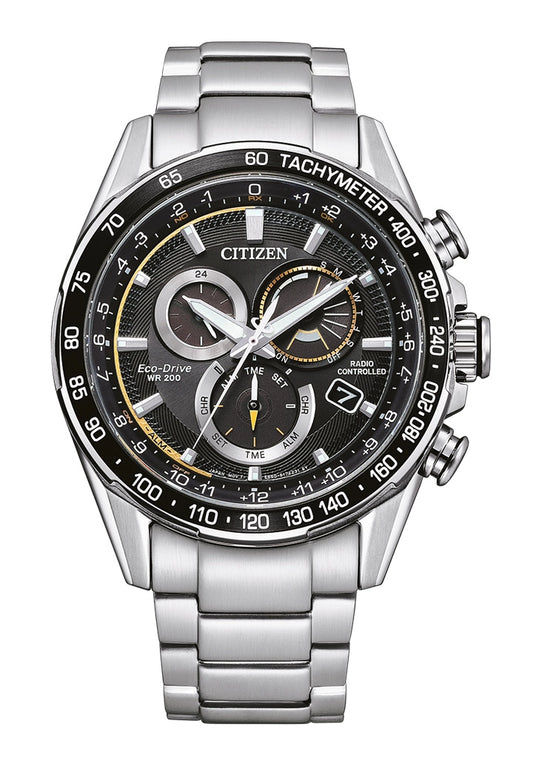 Citizen Eco-Drive Funk Herrenuhr mit silberfarbenem Edelstahlband und schwarzem Zifferblatt