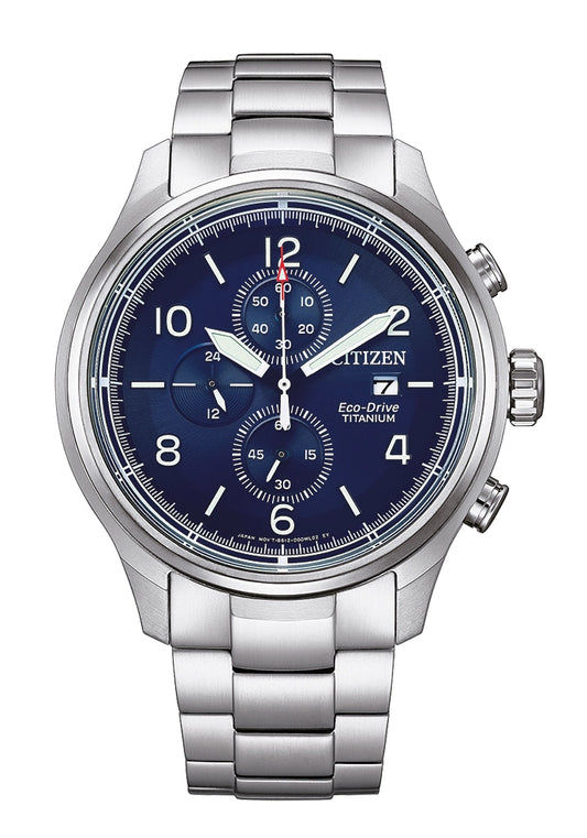 Herren-Solarchronograph mit dunkelblauem Zifferblatt, Titangehäuse und Armband