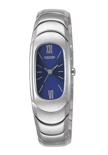 Silberne Damenuhr mit blauem Zifferblatt, römischen Zahlen und Quarzwerk