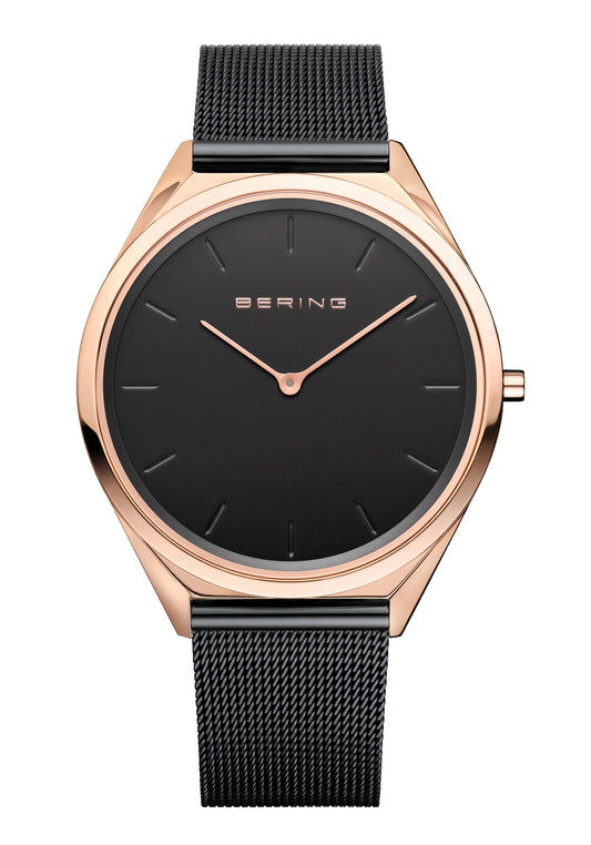 BERING Herrenuhr: schwarzes Zifferblatt, Roségoldgehäuse, schwarzes Milanaise-Armband