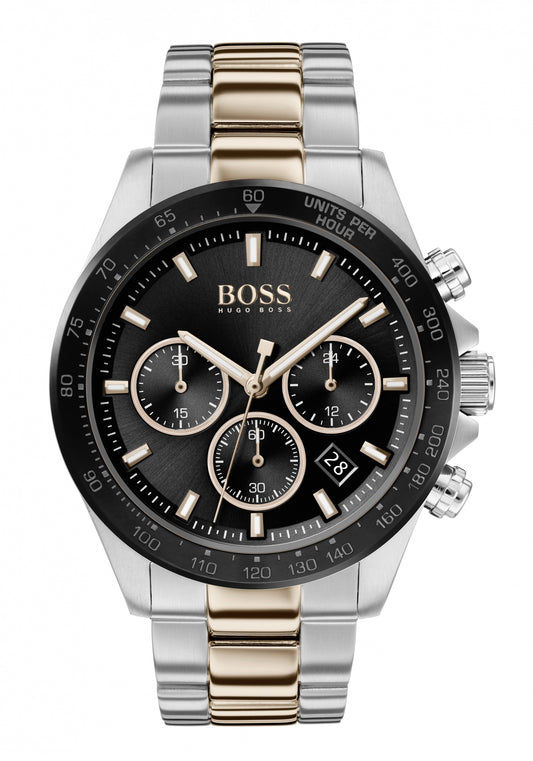 Herren-Chronograph mit schwarzem Zifferblatt, drei Chrono-Subdials und bicolor Metallarmband