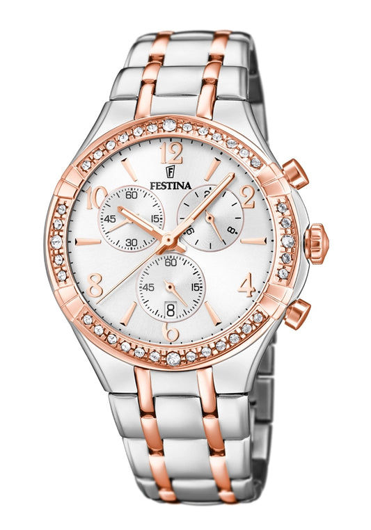Festina Damenuhr-Chronograph mit Edelstahlgehäuse, roségoldfarbenen Akzenten, Strasslünette