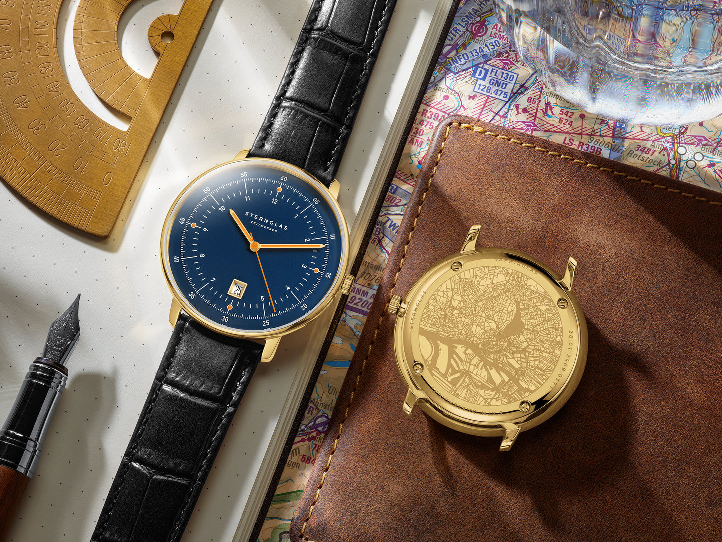 Sternglas Hamburg S01-HH07-HE03 Herren Armbanduhr Gold • Saphirglas mit Luminova • Quarzwerk Ronda 715, Bild 2