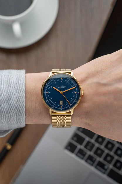 Sternglas Hamburg gold Quarz SuperSlim Herrenuhr Goldfarben • Saphirglas doppelt entspiegelt • Ronda 715 Quarzwerk, Bild 2