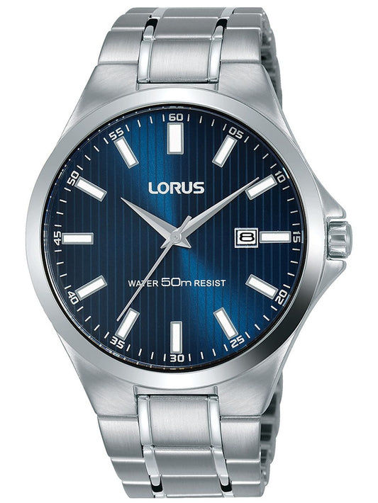 LORUS Herrenarmbanduhr mit blauem Zifferblatt und Edelstahlarmband, Mineralglas