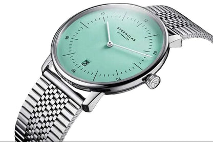 Sternglas Naos watch, side view with mint dial and stainless steel strap