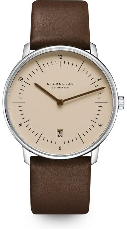 STERNGLAS kvartsur med beige urtavla och mörkbrunt läderarmband, runt silverfärgat boett