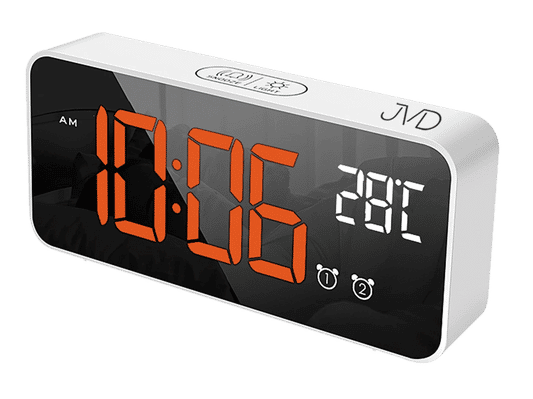 Digitale JVD-Tischuhr mit orangefarbenem LED-Display und Bedientasten 1/2