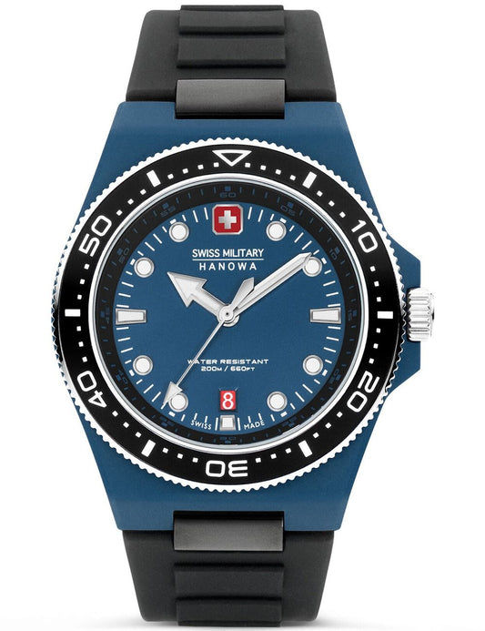 Herrenarmbanduhr mit blauem Zifferblatt, schwarzer Lünette und schwarzem Kautschukband