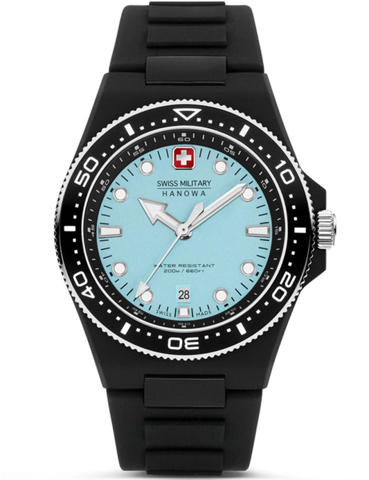 Schwarze Swiss Military Hanowa Taucheruhr mit 45-mm Zifferblatt, Lünette und Datumsanzeige