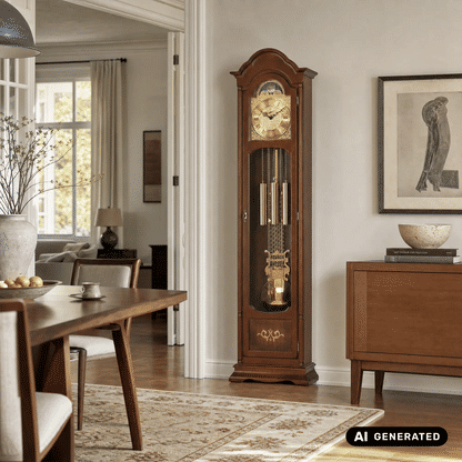 Standuhr aus Nussbaumholz mit schmalem Gehäuse, Glasfront und Pendelwerk