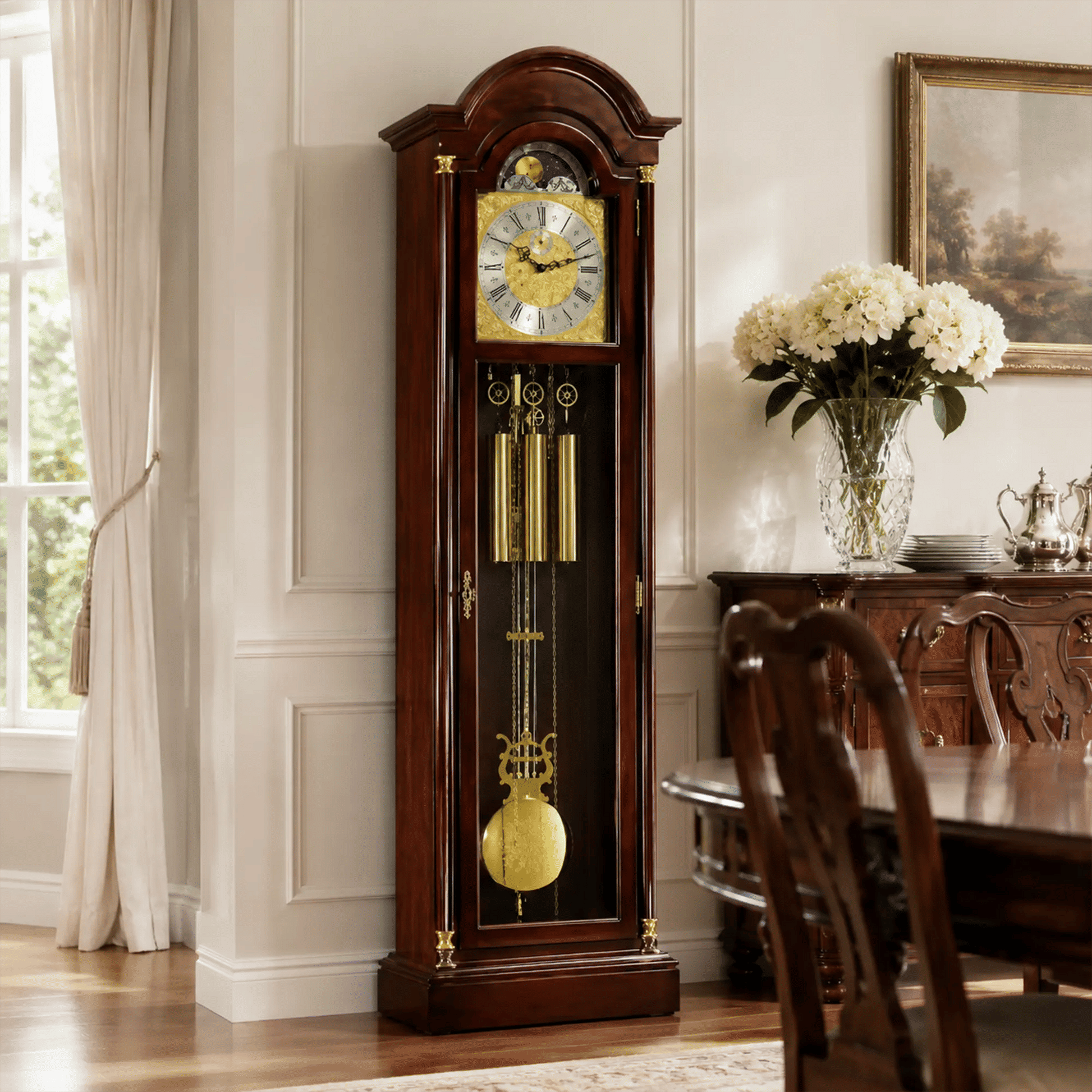 Péndulo de reloj de pie con esfera dorada y cadena, dentro de la caja de madera