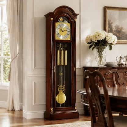 Péndulo de reloj de pie con esfera dorada y cadena, dentro de la caja de madera
