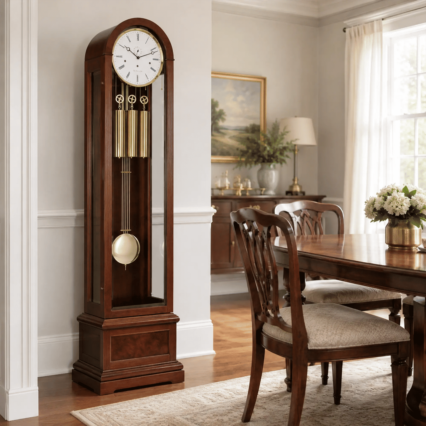 Reloj de pie de madera con inserción de cristal, esfera redonda y tubos de gong dorados
