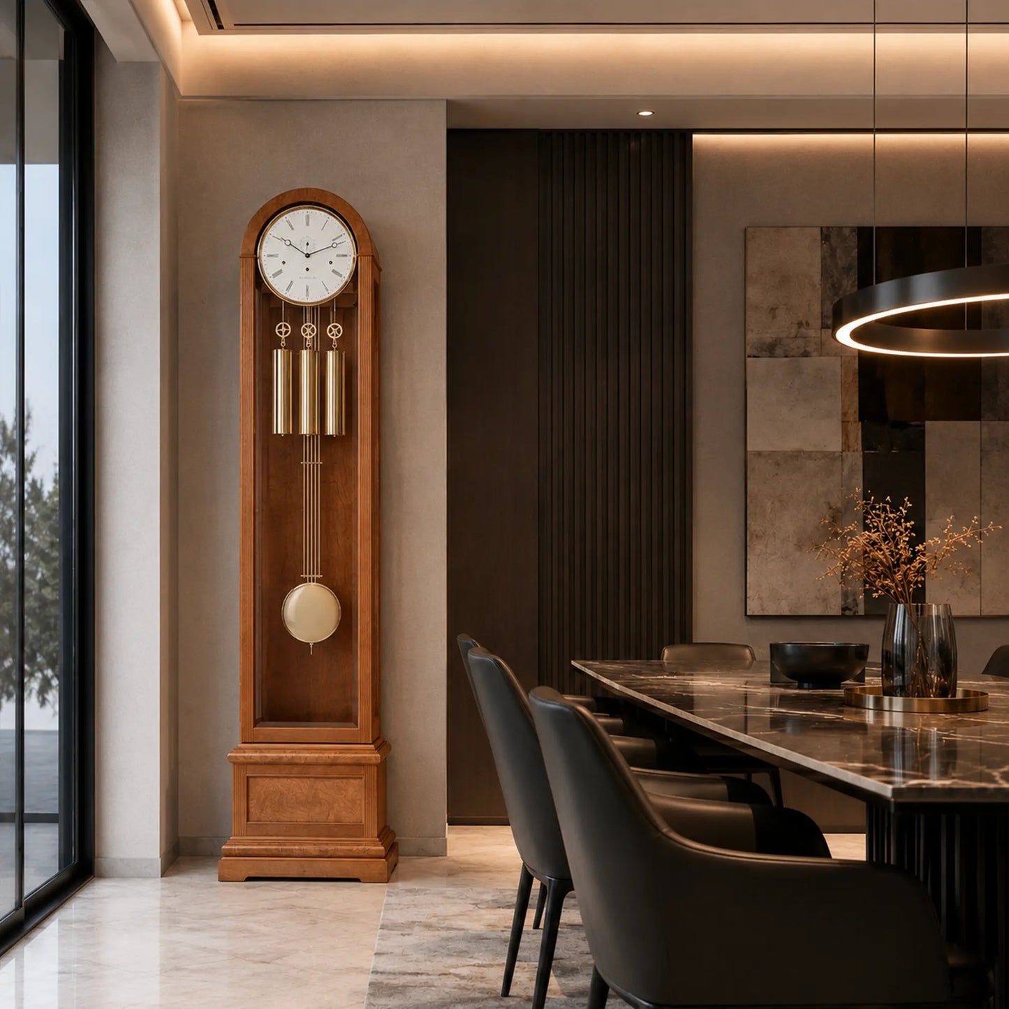 Reloj de pie de madera con esfera, barras de sonido y bola de ajuste redonda, a la vista