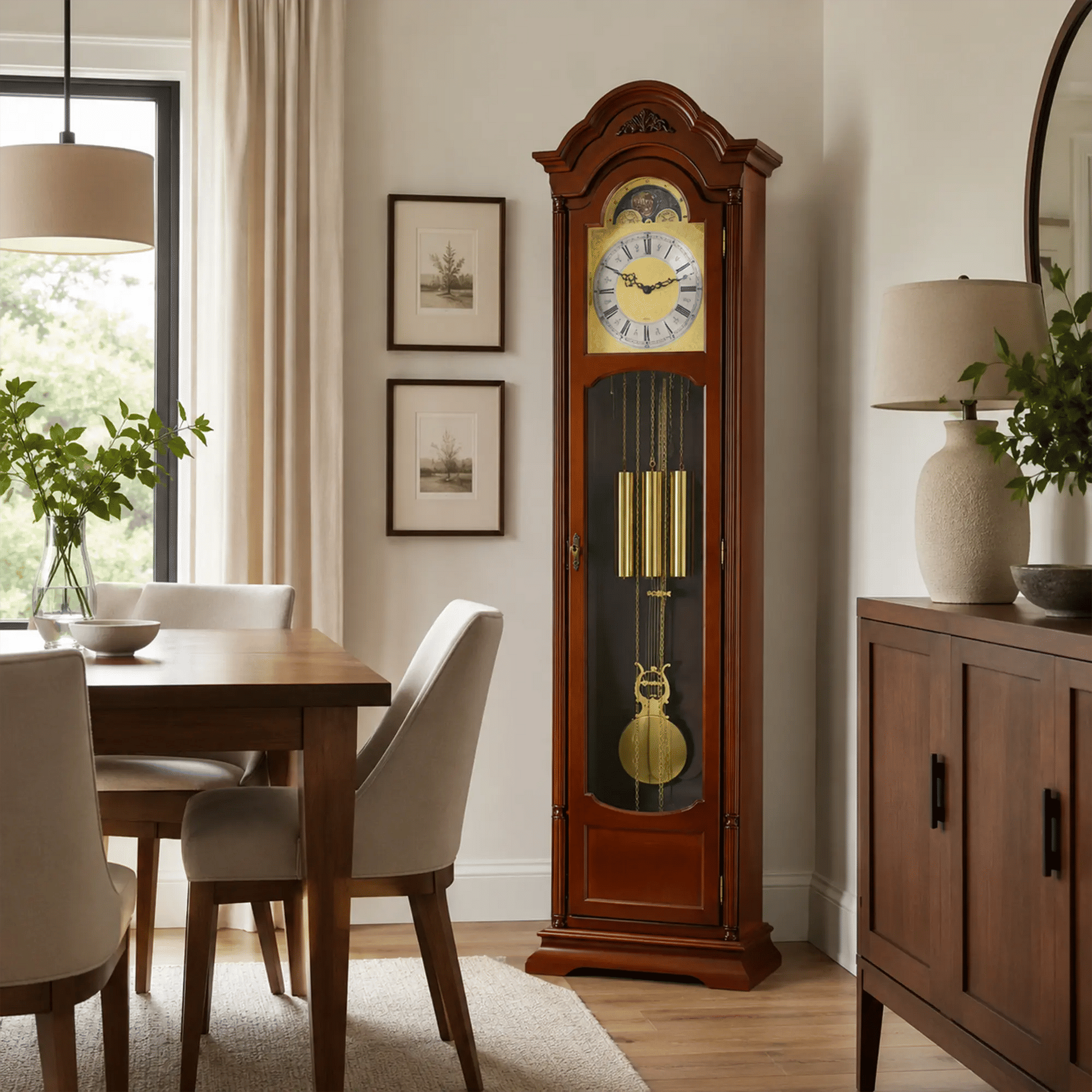 Reloj de pie de madera con frente de cristal, esfera redonda y péndulos metálicos colgantes