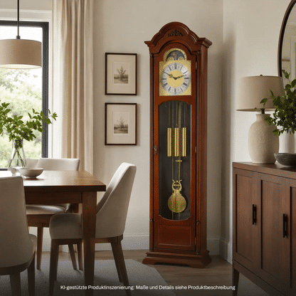 Holz-Standuhr mit Glasfront, rundem Zifferblatt und Mondphasenanzeige, goldene Pendelgewichte