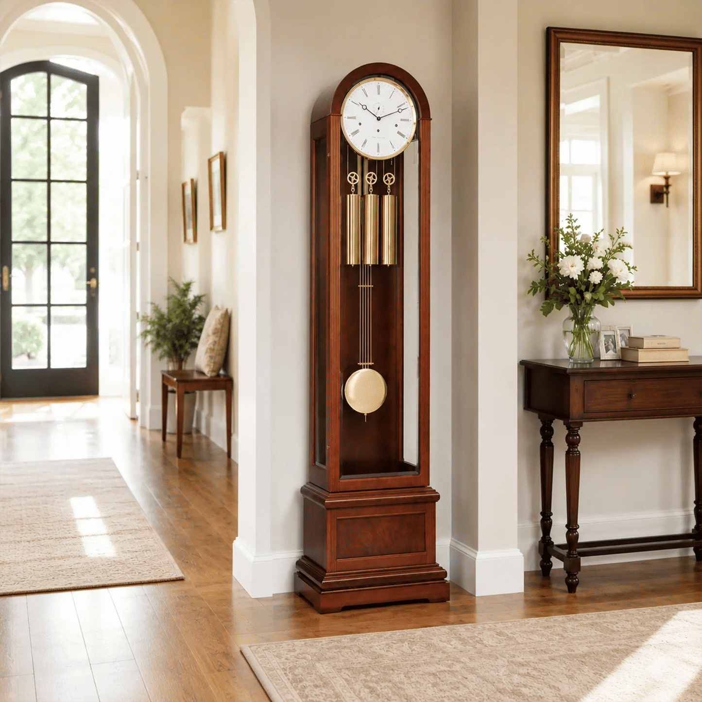 Reloj de pie de madera con inserción de cristal, esfera redonda, varillas de golpe doradas y bola de péndulo