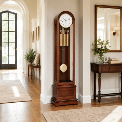 Reloj de pie de madera con inserción de cristal, esfera redonda, varillas de golpe doradas y bola de péndulo