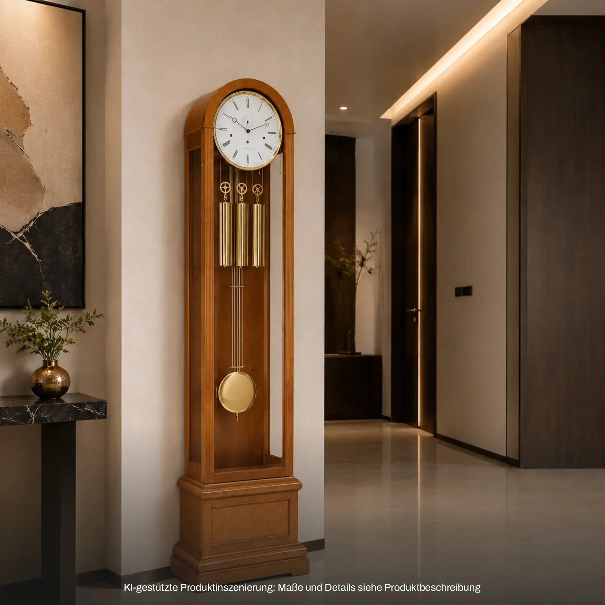Holz-Standuhr mit rundem Zifferblatt, Pendel und Gewichten, schmale Glasfront