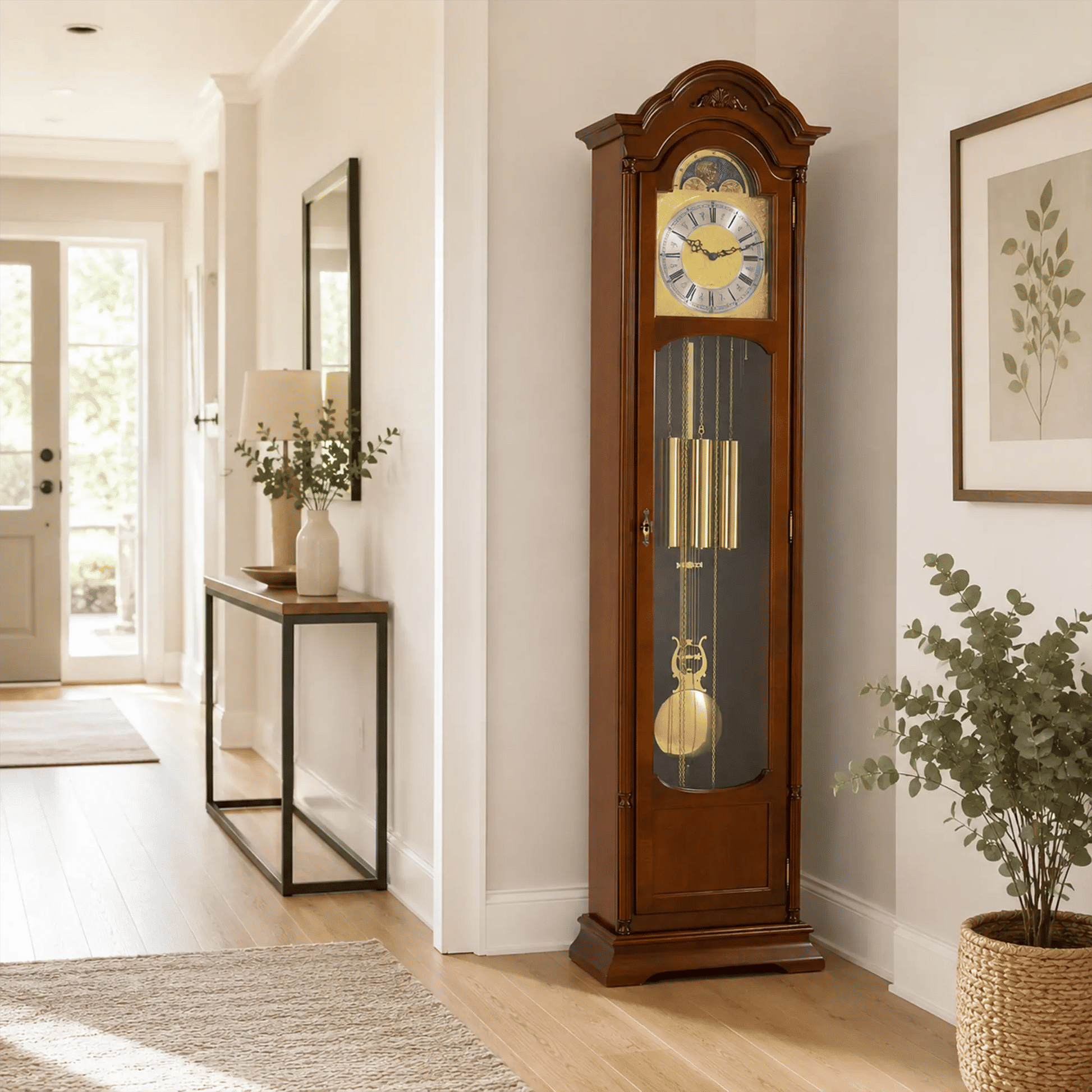 Reloj de pie de madera con frente de cristal curvo, esfera redonda y campana de péndulo