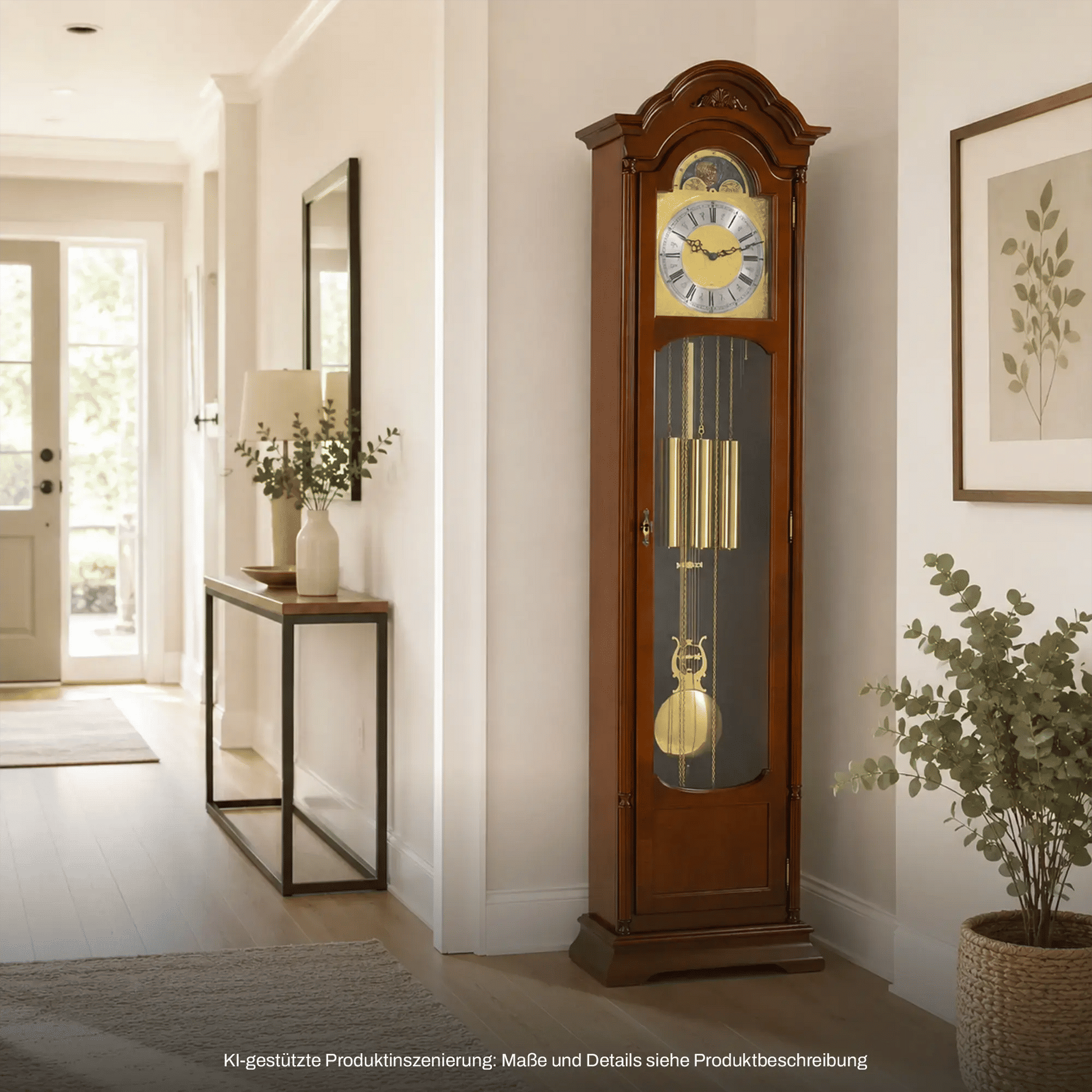 Holz-Standuhr mit Glasvitrine, Mondphasenanzeige und goldenen Pendelstäben