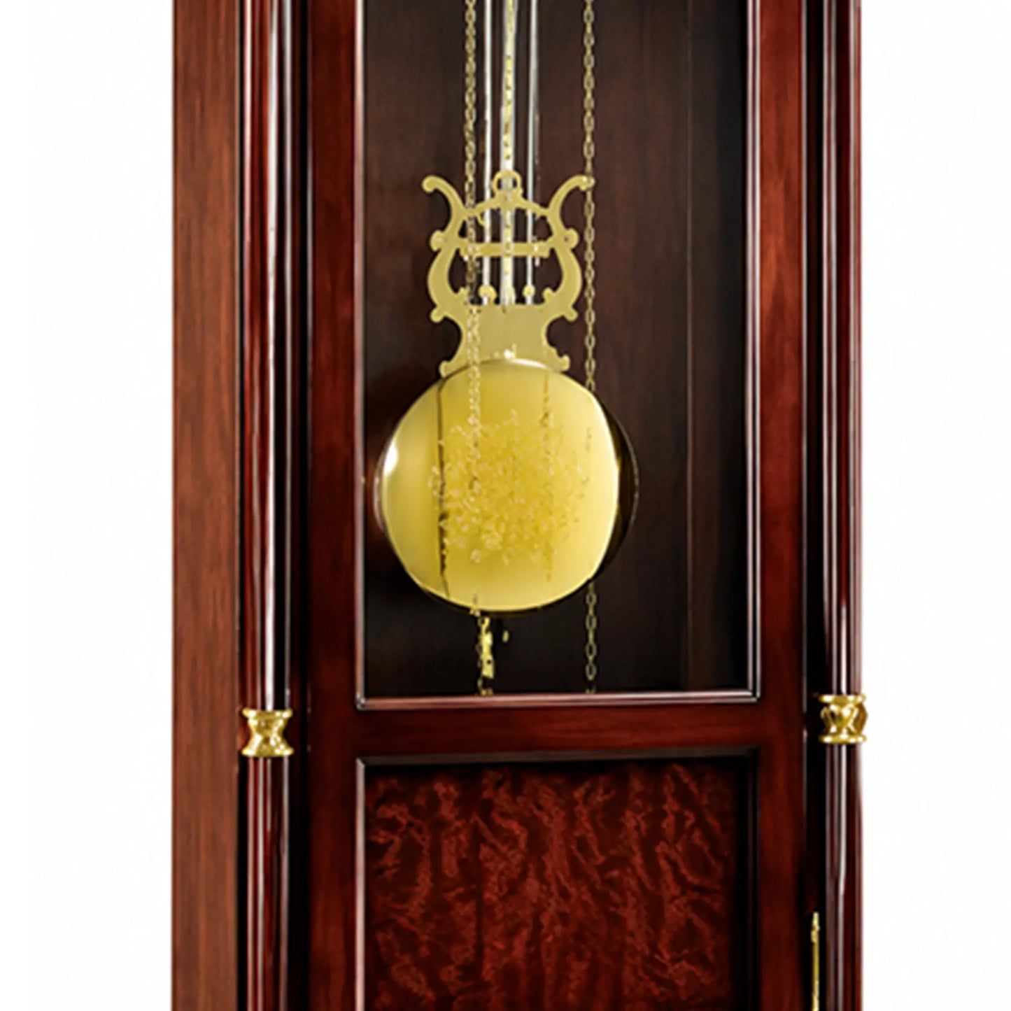 Front de reloj de pie con péndulo dorado y sistema de suspensión decorado en marco de madera