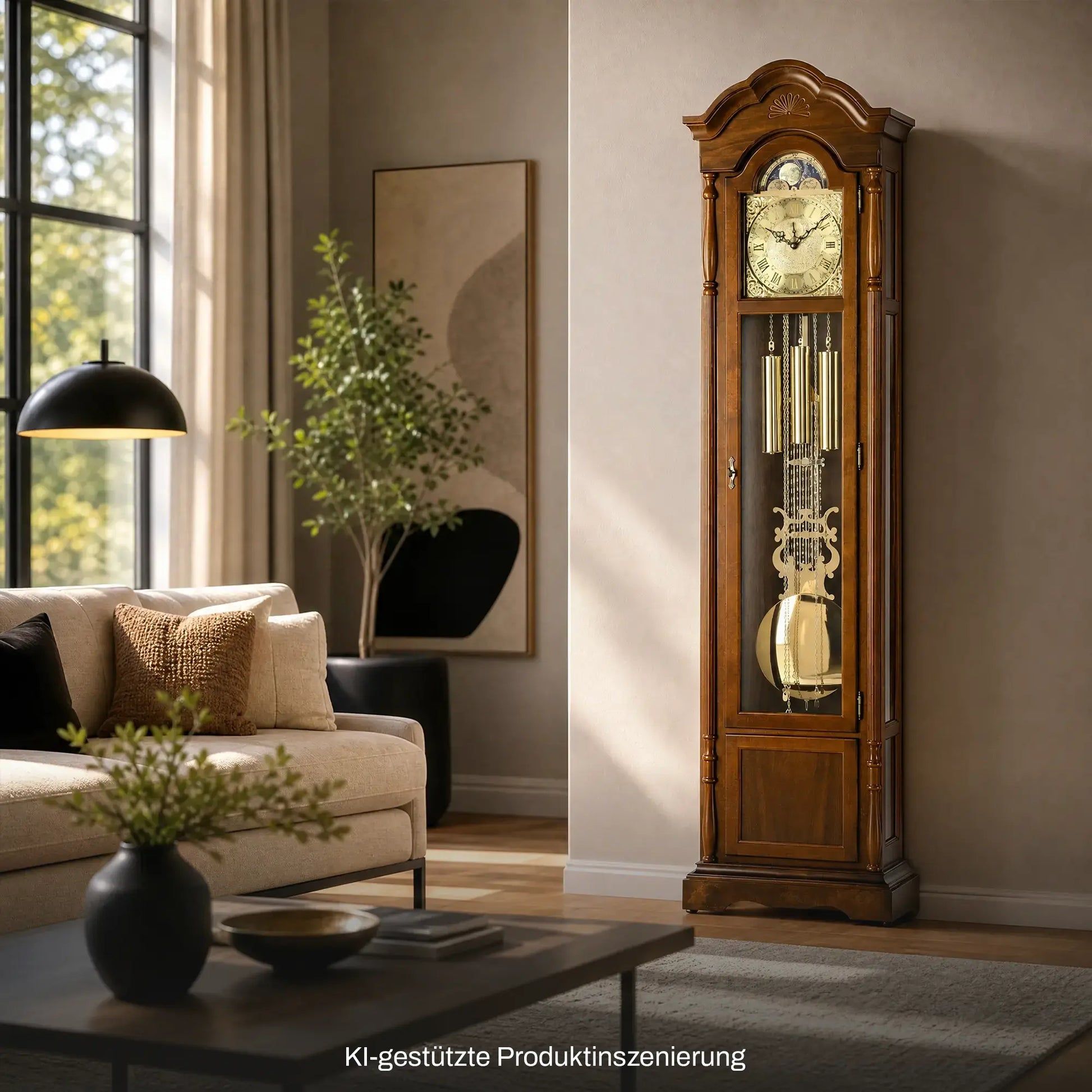 Nussbaum-Standuhr mit verglastem Zifferblatt und Pendel, seitliche Säulen
