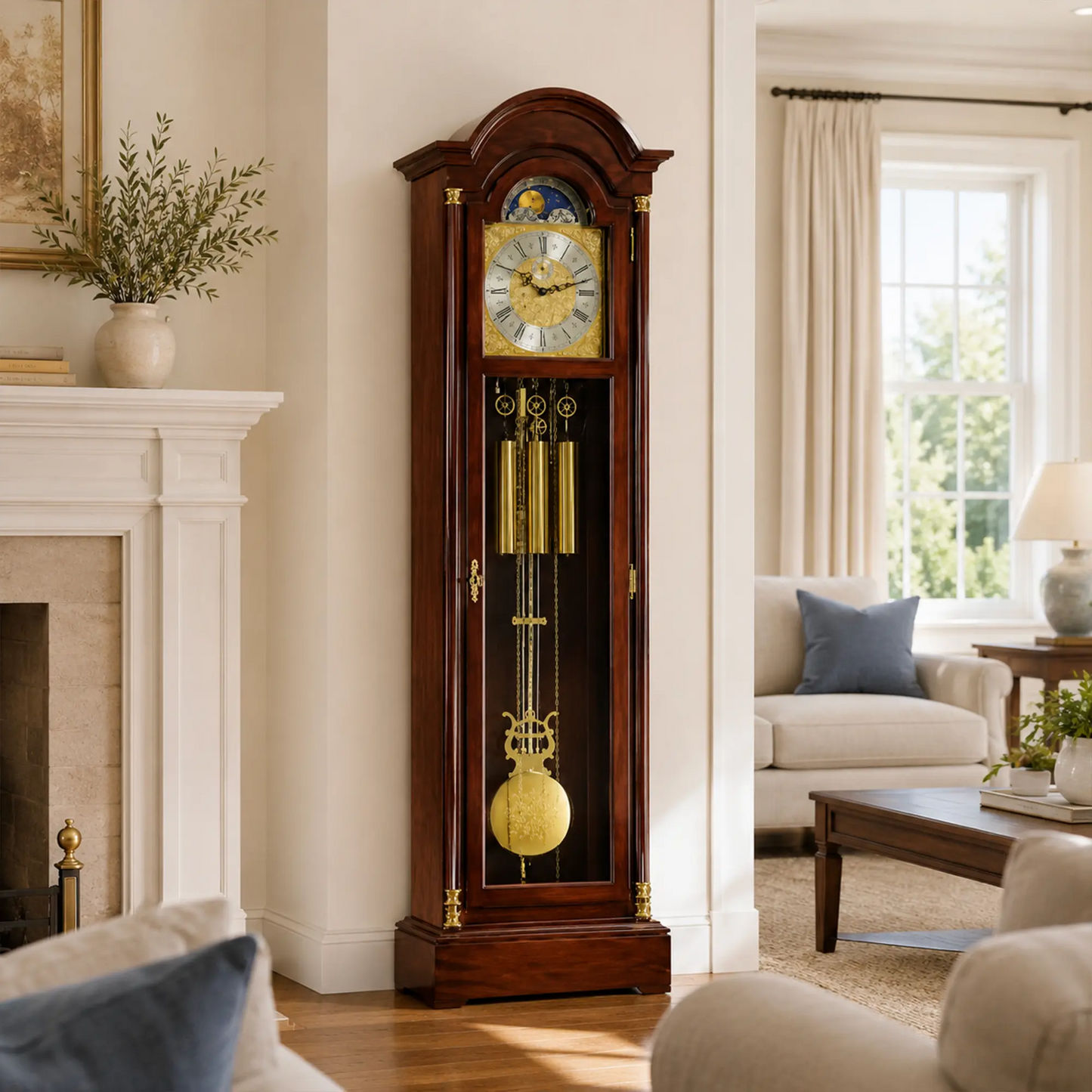 Reloj de pie con mecanismo dorado, péndulo y pesos dorados en caja de madera oscura