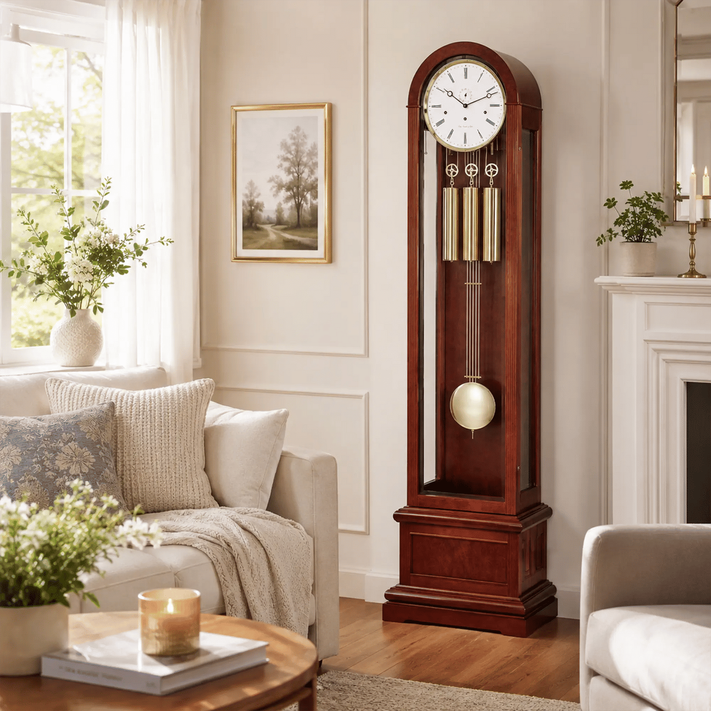 Reloj de pie de madera con inserción de cristal, esfera redonda y péndulo