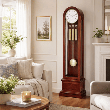 Reloj de pie de madera con inserción de cristal, esfera redonda y péndulo