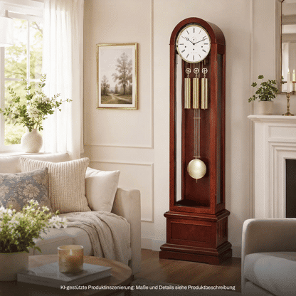 Standuhr aus dunklem Holz mit rundem Zifferblatt, Glasflanken und sichtbaren Pendelgewichten