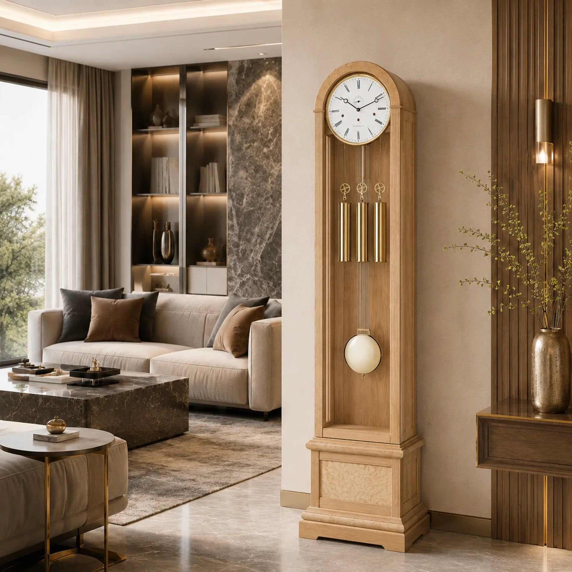 Reloj de pie de madera clara con esfera redonda, varillas de sonido y bola blanca