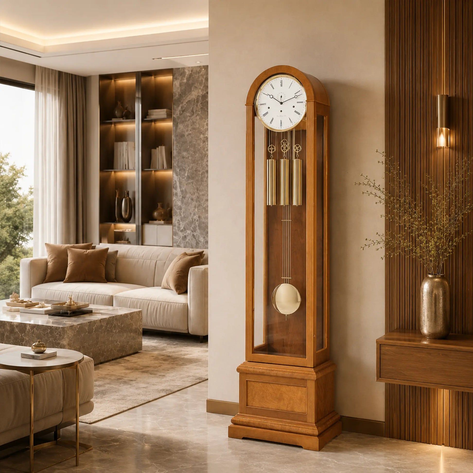 Reloj de pie de madera: esfera, barras de sonido y bola de péndulo redonda