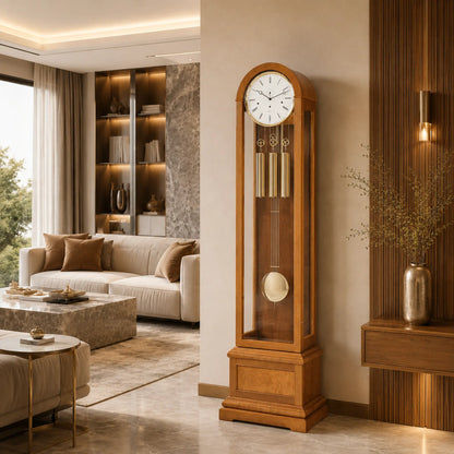 Reloj de pie de madera: esfera, barras de sonido y bola de péndulo redonda