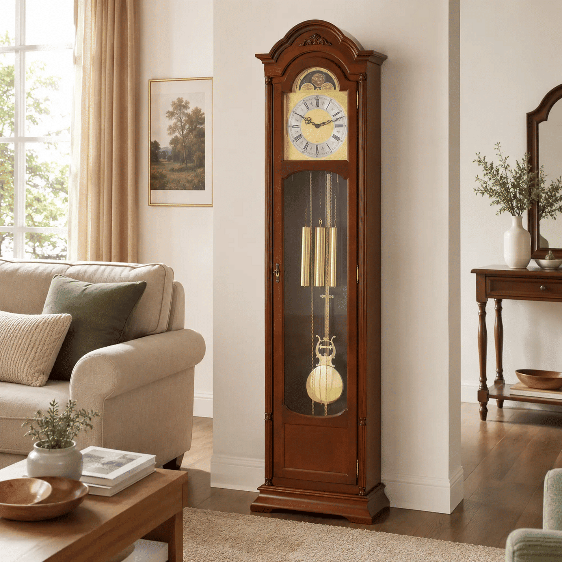 Reloj de pie de madera con esfera redonda, mecanismos de campana dorados y frente de cristal