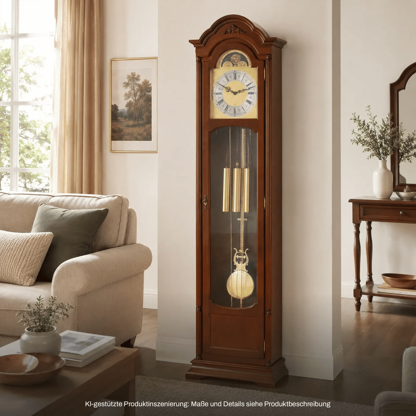 Holz-Standuhr im Eck, Glasvitrine mit Mondphasenanzeige und goldenen Pendelgewichten