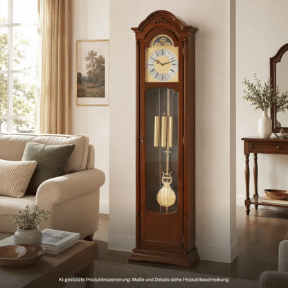 Holz-Standuhr im Eck, Glasvitrine mit Mondphasenanzeige und goldenen Pendelgewichten