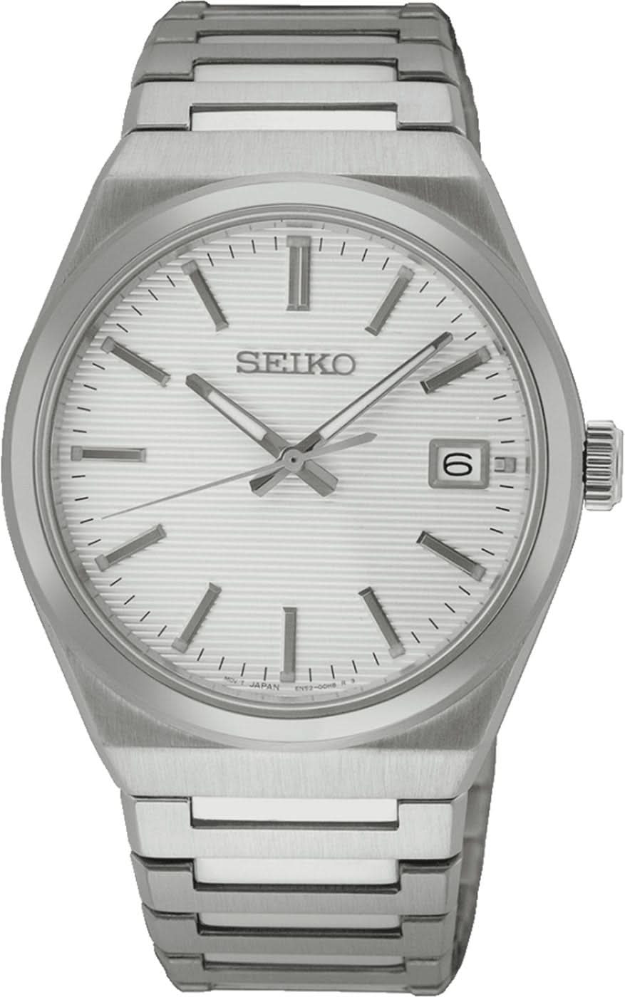 Pulsera de acero inoxidable para hombre, correa de metal plateada, esfera blanca con SEIKO y fecha